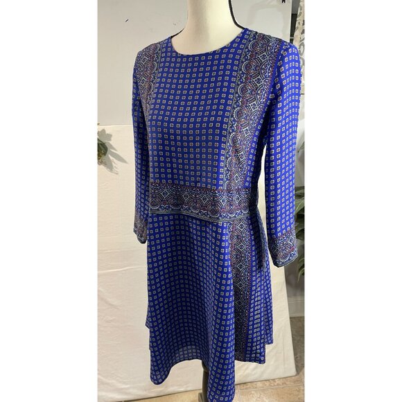 Vintage-Inspired Blue Silk Dress With Paisley &Geometric Print 3/4 Sleeves Sz XS - Picture 2 of 16